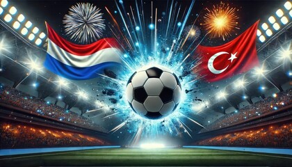 Netherlands vs Turkey football match, Dutch flag, Turkish flag, stadium and soccer ball, Euro 2024, UEFA European Football Championship 2024, 1/4 finals