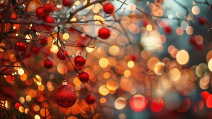 Wall Mural - Red bauble hangs on festive tree with blurred background