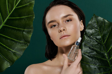 Wall Mural - A woman applies a serum to her face, surrounded by large, green leaves.