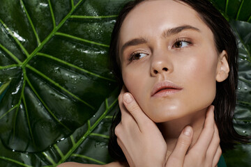 Wall Mural - A close-up portrait of a woman with her hands resting gently on her face.