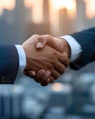 close-up of two businessmen shaking hands with a city skyline in the background. symbol of partnersh