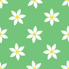 Wall Mural - White and yellow flowers on green background. Vector seamless pattern.