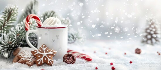 Aufkleber - Festive cup with fir trees, candy canes, and ginger cookies on snowy background for Christmas or New Year's card with copy space image.