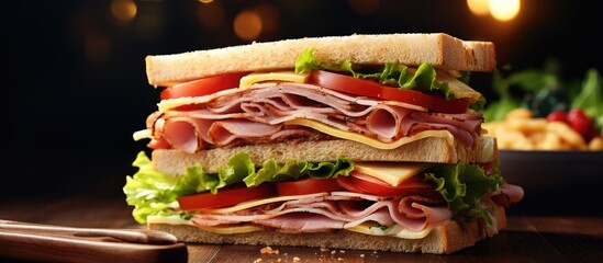 Wall Mural - Deliciously arranged club sandwich featuring ham, cheese, tomato, lettuce, and sauce on a food-themed background with ample copy space for text or images.