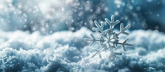 Aufkleber - Snowfall depicted with a snowflake ornament in a snowy setting, with copy space image.