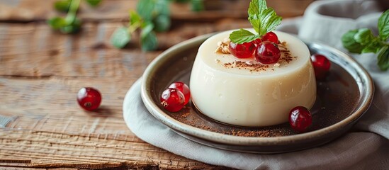 Poster - Delicious vanilla pudding on a plate on a wooden table with copy space image.