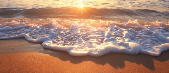 Sticker - Sunset or dawn at the beach with waves over hot sand offers a serene summer backdrop with room for text or ads within the image.