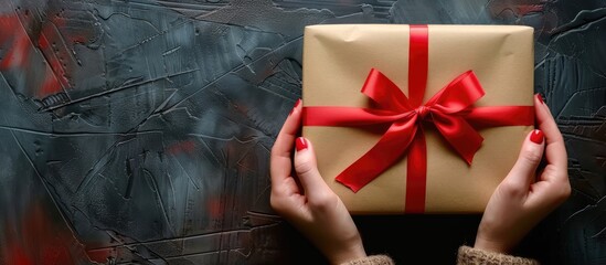 Aufkleber - Hands cradling a gift box wrapped in craft paper and tied with a red ribbon, against a background suitable for adding other elements, like a message or logo - copy space image.
