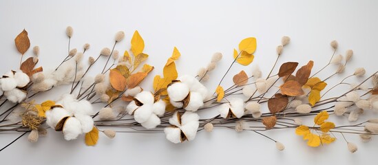 Wall Mural - Autumn-themed arrangement with eucalyptus branches, cotton flowers, and dried leaves on a soft gray backdrop. Represents the autumn season with a flat lay and top-view perspective, featuring a copy