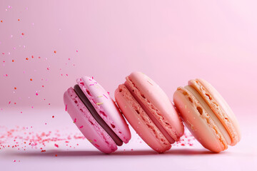 French macaron biscuit assortment on pastel pink background. minimalist colorful concept of macaroon sandwich cookie from France with copy space, lying in row