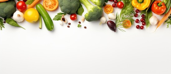 Poster - Top view of a white background with a frame of organic fresh vegetables allowing space for text or images
