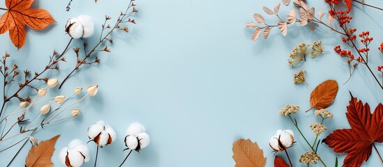 Aufkleber - Autumn-themed arrangement with cotton flowers and dried leaves on a light blue backdrop for fall concept. Flat lay style with top view and copy space image.