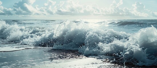 Aufkleber - The ocean waves crashing along the shore, complete with a stunning horizon and a copy space image.
