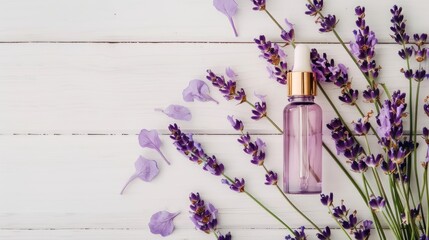 Poster - Natural cosmetics concept with lavender flowers and dropper bottle on white wooden background