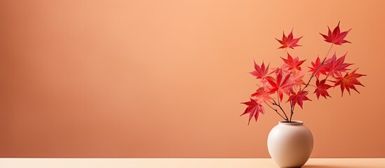 Poster - Minimalist autumn concept with a vase containing maple leaves, focused on the arrangement with a copy space image.