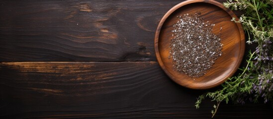 Leinwandbilder - Top view of a round wooden plate with herbs and salt displayed on a dark wooden background, with room for text or other elements in the copy space image.