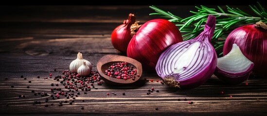 Wall Mural - Red onion used as seasoning with chili pepper, rosemary, black pepper, and garlic on a dark wooden background in a top view setting with copy space image.