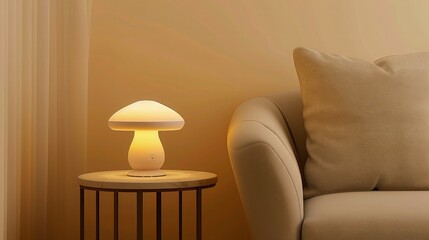 Wall Mural - A contemporary LED mushroom night light with a sensor on a luxury side table, set against a soft beige background. Combines functionality with elegant room decor.