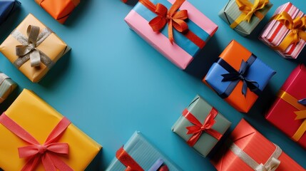 Poster - Various colorful gift boxes displayed on a colored surface with copy space