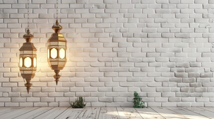 Sticker - Ramadan Lanterns on White Brick Wall Background