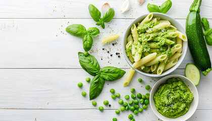 Canvas Print - Penne pasta with pesto sauce, zucchini, green peas and basil. Top view. Flat lay.