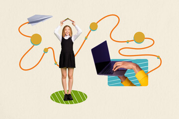 Wall Mural - Composite photo collage of minded teenage schoolgirl hold book hands type laptop elearn paper plane flight isolated on painted background