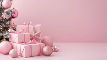 Canvas Print - Pastel pink Christmas layout with presents and decorations Holiday concept with retro fashion vibe Minimalistic New Year party concept