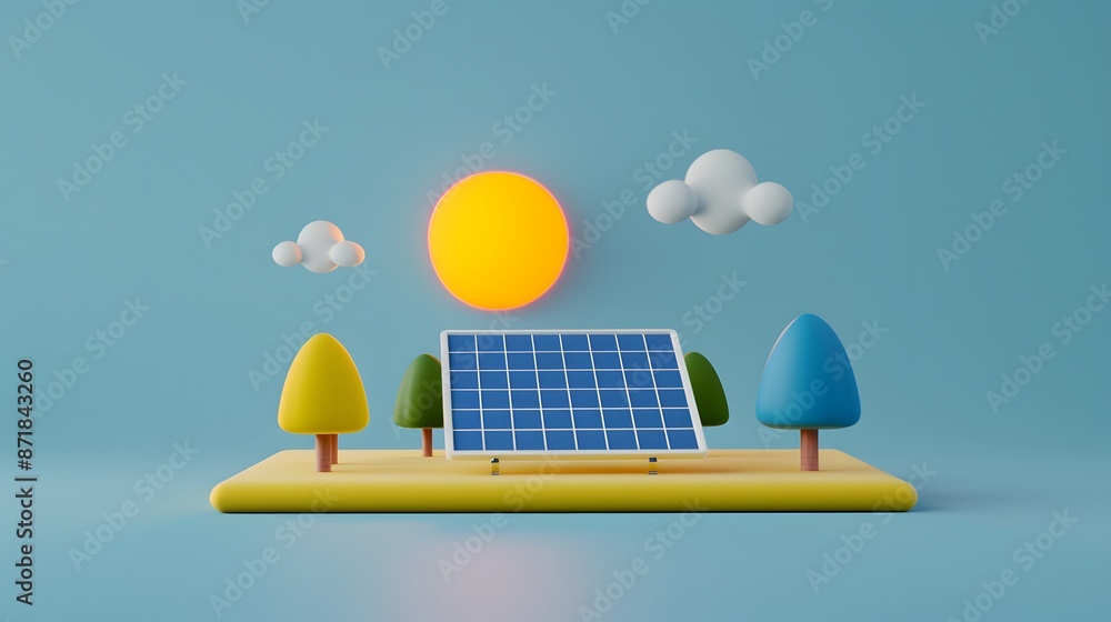 3D illustration of solar panel with trees, sun, and clouds on blue ...