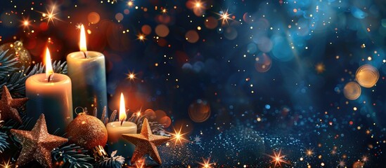 Wall Mural - Festive Christmas and New Year background featuring stars, candles, and copy space image.