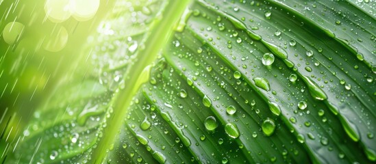 Aufkleber - Beautiful morning water drop on banana leaf pattern with a textured background, perfect for adding text with copy space image.