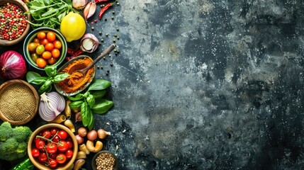 Various vegetarian ingredients on rustic background top view