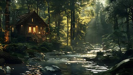 Wall Mural - Photo real as Forest Retreat concept as Picture a couple escaping to a secluded cabin nestled deep within a lush forest where towering trees provide shade and a babbling brook offers a soothing soundt