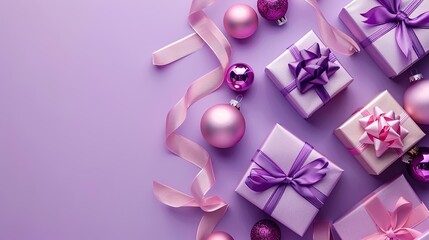 Sticker - Top view photo of lilac gift boxes with ribbon bows pink and purple baubles on isolated violet background