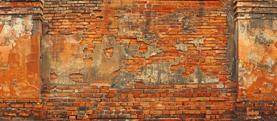 Fototapete - An ancient temple's weathered orange brick wall provides a backdrop for design with copy space image, ideal for an antique interior theme.