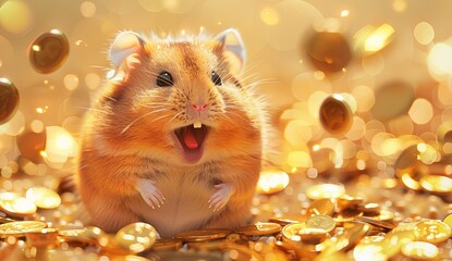 Wall Mural - A hamster is sitting on a pile of gold coins