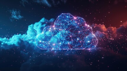 Wall Mural - A vibrant digital cloud with interconnected data points and network lines, set against a starry sky background, symbolizing cloud computing and data storage.