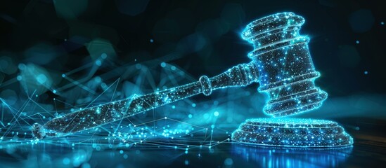 Wall Mural - A glowing digital gavel symbolizing the intersection of technology and law, with blue network connections on a dark background.