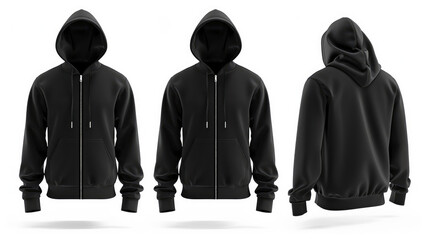 Black hoodie for men with a zipper, shown from the front and back on a white background.