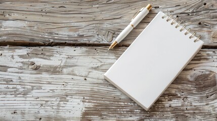 Canvas Print - White notebook and pen on aged wooden surface