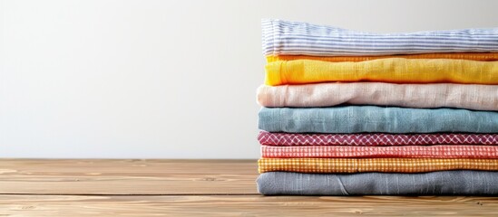 Colorful cotton fabric stacked neatly on a wooden table against a white background. Represents clean laundry with copy space image.