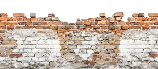 Leinwandbilder - Close-up view of an aged brick wall set against a white isolated backdrop, featuring ample copy space for creative use in design.