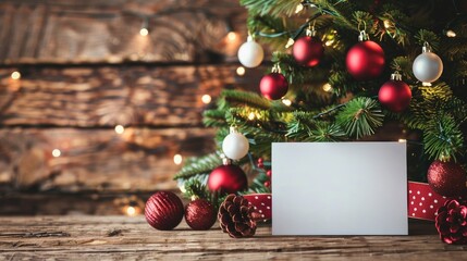 Sticker - Christmas tree with card on wooden background and space