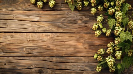 Hop cones on wooden background Essential for brewing Top view with space for text