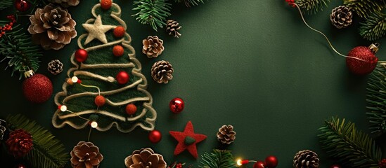 Wall Mural - Felt Christmas tree with a star, surrounded by pine cones, garlands, and lights, creating a festive Christmas background with copy space image.