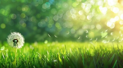 Poster - Dandelion flying over green grass background