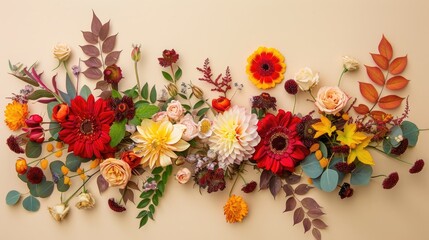 Poster - Fall themed floral arrangement on beige backdrop Top down view