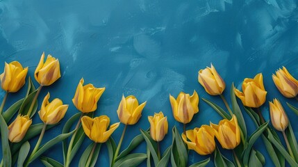 Poster - Yellow tulips on blue background from above with space for text