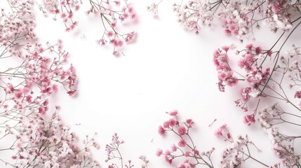 Poster - Pink gypsophila and eucalyptus frame on white background