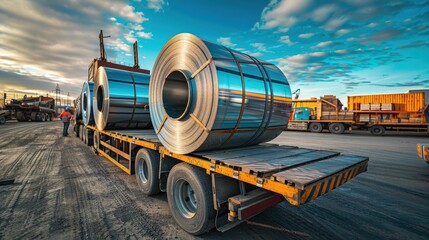 large rolls of shiny steel on a flatbed truck in an industrial area under a blue sky with clouds.