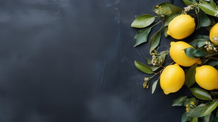 Wall Mural - Lemons and Greenery on Black Background